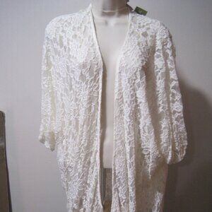 Mauve Women's Large Kimono Cover Up Lace Crochet Fringe Top Short Sleeve White